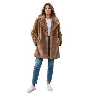 NWT Rachel Zoe Long Sleeve Open Front Faux Fur Winter Coat Brown Women's Large